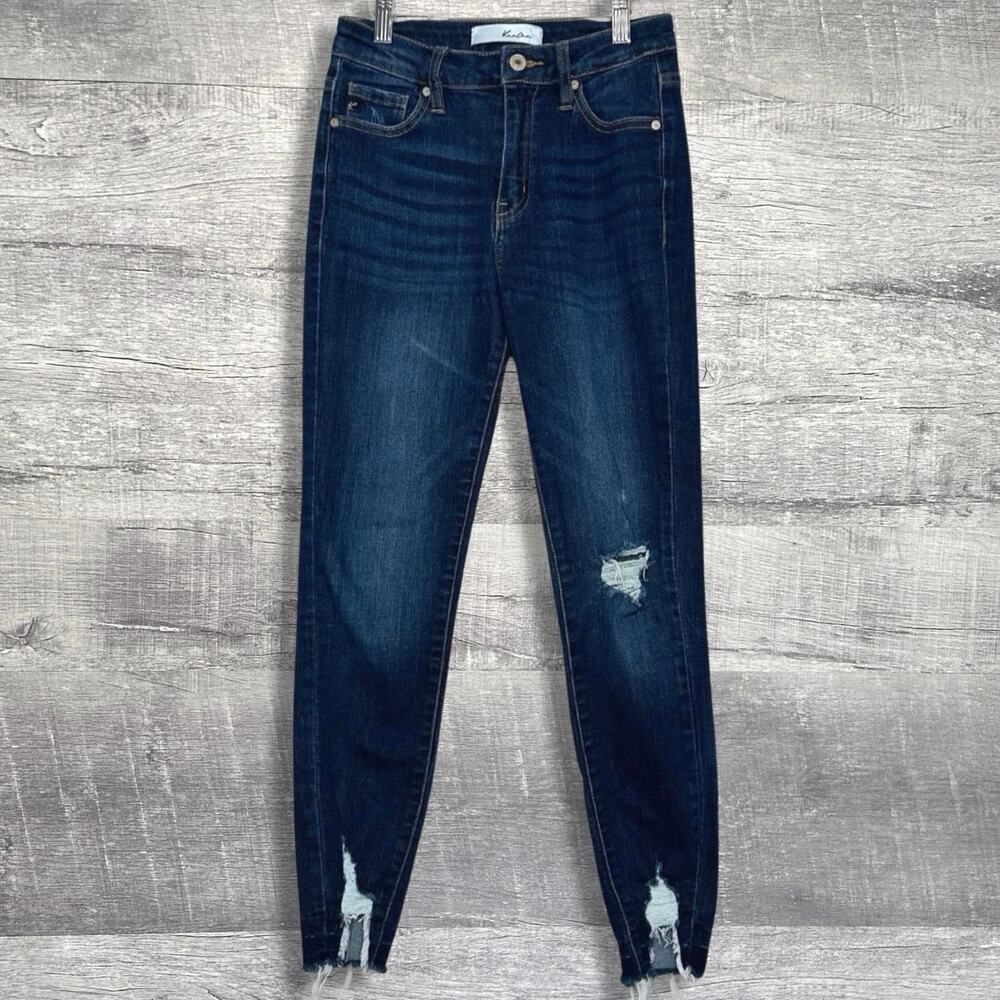 KanCan Dark Wash Skinny Blue Jean Womens 25 (25X27) Mid Rise Distressed Raw Hem